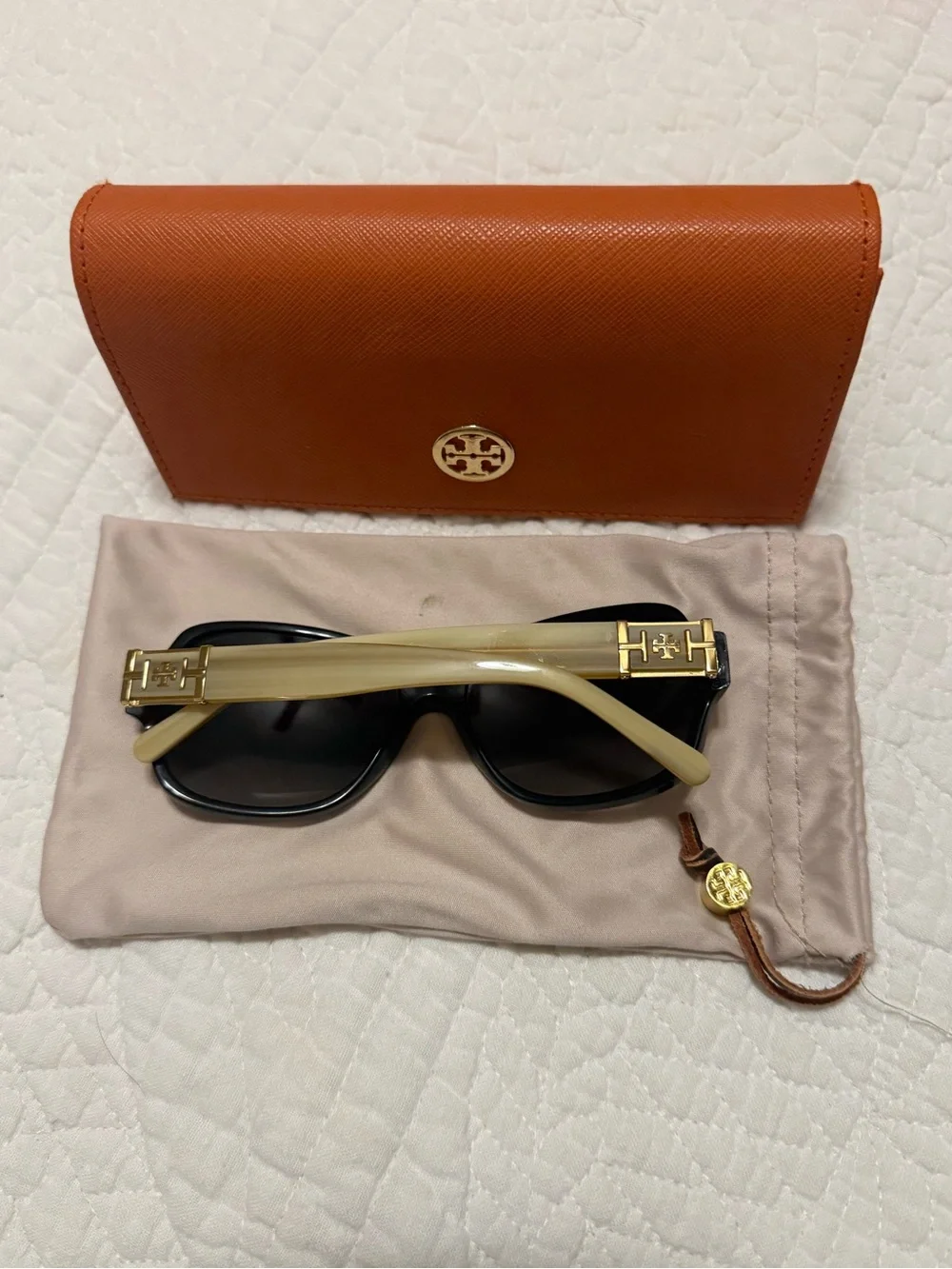 Tory Burch Black Sunglasses with Orange Case and Cream Pouch